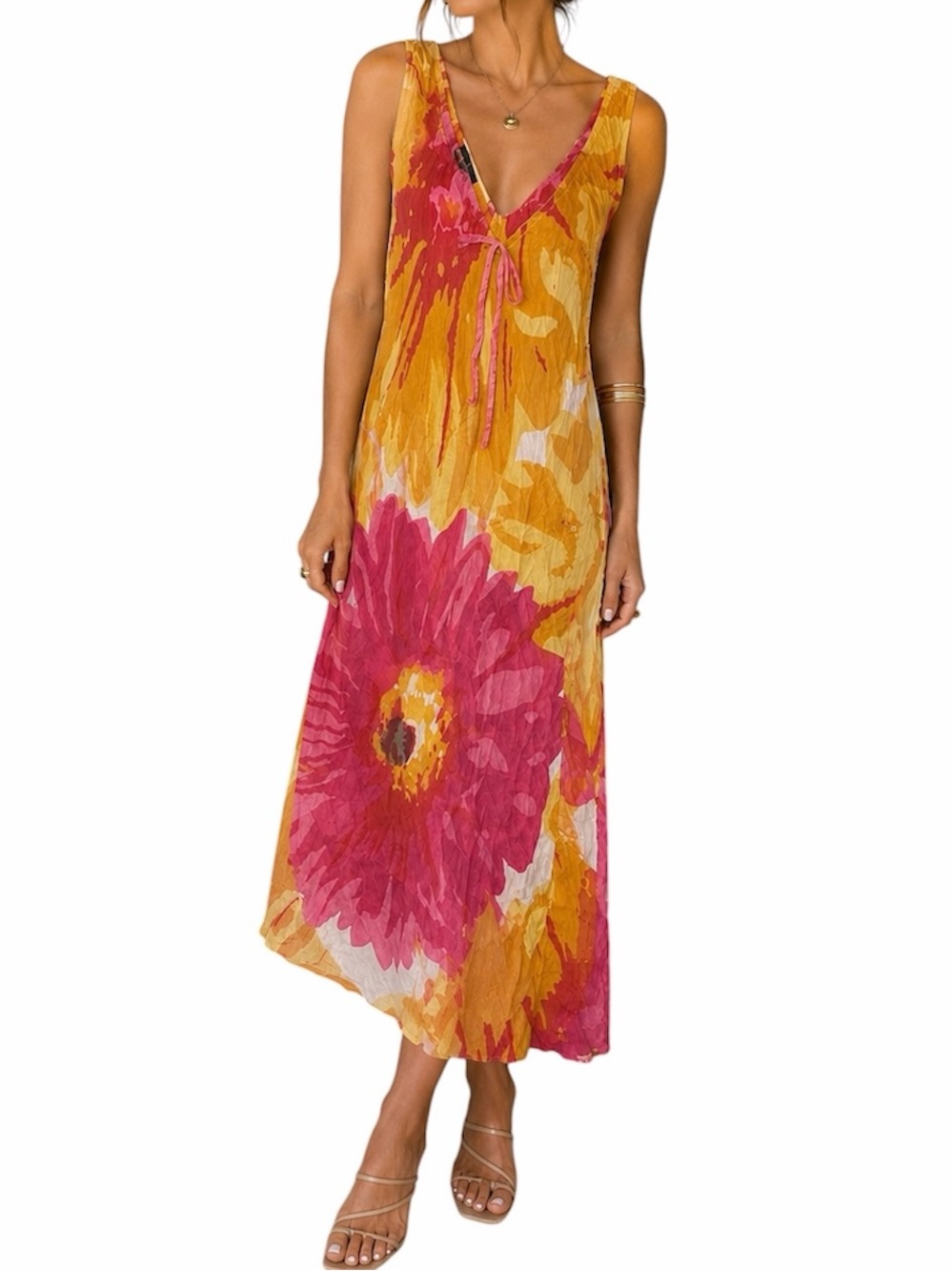 Angie Floral Midi Dress Pink Yellow Sleeveless Boho Crinkle Size M